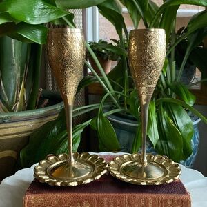 Vintage Pair of Solid Brass Floral Engraved Champagne Goblets - Made in India